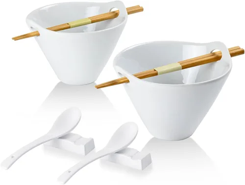 Miniatura 14 de UNICASA Juego de 2 cuencos japoneses para ramen con palillos, cucharas y reposos, 26 onzas, para fideos de porcelana profunda, Udon, Pho, ensalada
