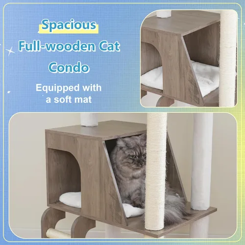 Miniatura 6 de Hey-brother Árbol de madera para gatos, torre de muebles para gatos de 69.7 pulgadas con plataformas grandes, hamacas, condominio espacioso, postes
