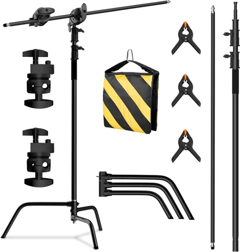 SH Soporte C con brazo de pluma, soporte de luz resistente para fotografía, kit de soporte en C de acero inoxidable de 6.8 pies con bolsa de arena,