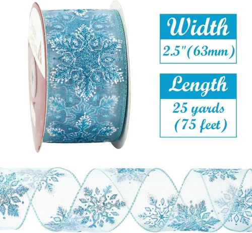 Miniatura 2 de HUIHUANG Cinta con alambre con purpurina de copo de nieve, cinta de copo de nieve azul y blanca para árbol de Navidad, 2-1/2 pulgadas x 25 yardas
