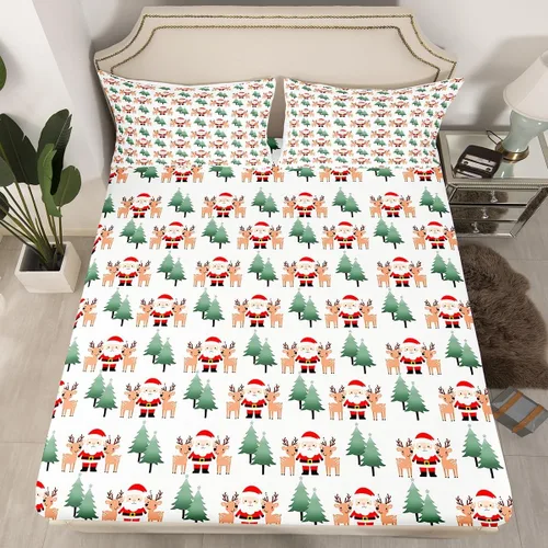 Miniatura 26 de Juego de sábanas con diseño de Papá Noel y muñeco de nieve para niños, niñas y niños, de temática navideña, juego de cama con diseño de árbol