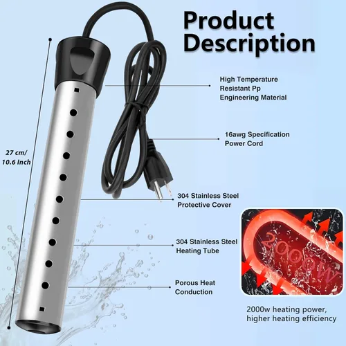 Miniatura 6 de Calentador de agua de inmersión de 2000 W, calentador de agua eléctrico portátil con acero inoxidable 304, calentador de calentamiento rápido