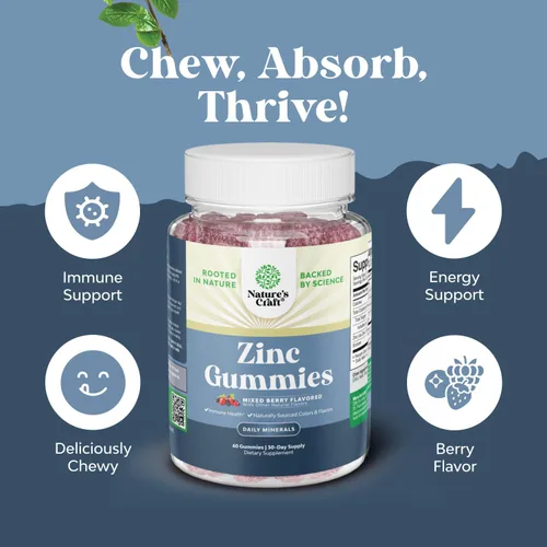 Miniatura 5 de Gomitas de zinc extra fuertes para adultos, suplementos de zinc masticables para mujeres y hombres para apoyo energético e inmunológico, vitaminas