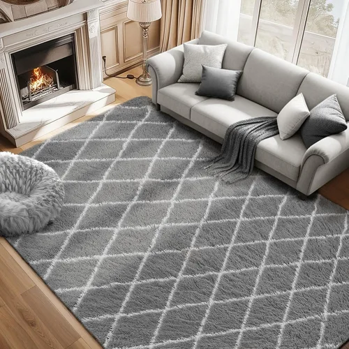 Miniatura 31 de Alfombra de área súper suave en blanco y negro, de 5 x 7 pies, alfombra clásica a cuadros de pelo alto mullida para dormitorio, sala de estar, Negro