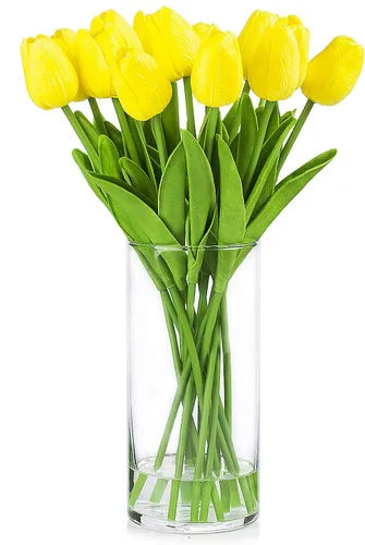 Miniatura 4 de Arreglo floral de tulipanes artificiales de tacto real en jarrón de vidrio transparente con agua sintética para decoración del hogar y boda (rosa)