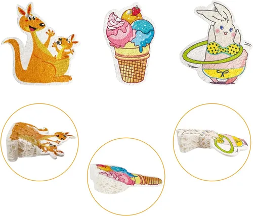 Miniatura 9 de Esponja de pulpa de madera comprimida de 3 piezas, lindo cepillo de esponjas de limpieza reutilizables de doble cara de dibujos animados