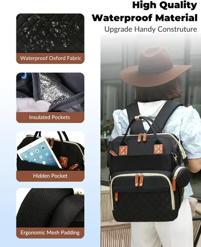Miniatura 6 de Bolsa de pañales con estación de cambio, mochila impermeable 3 en 1 para pañales de bebé con almohadilla de cambio plegable, mochila de viaje grande