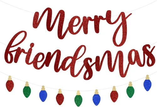 Guirnalda de bombillas rojas con purpurina con texto en inglés "Merry Friendsmas", decoraciones de fiesta temática de amigos, decoración de Navidad,