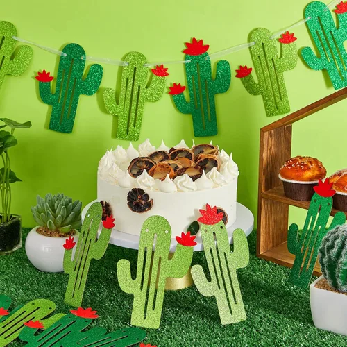 Miniatura 4 de Lewtemi 4 guirnaldas de cactus con purpurina verde, decoración de fiesta temática mexicana para fiesta de cumpleaños, suministros de fiesta de cinco