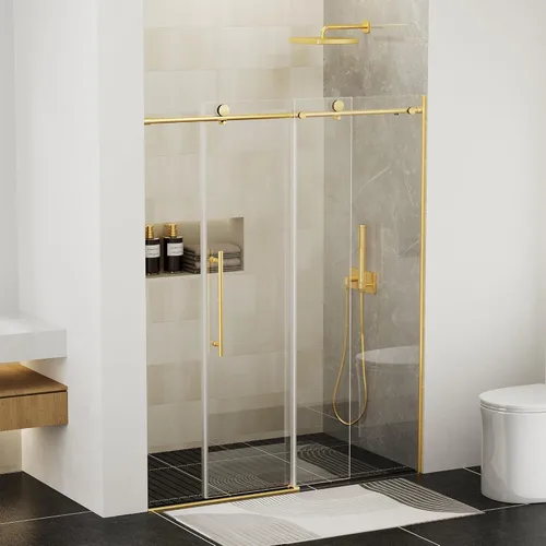 Findepot Puerta de regadera sin marco, corrediza, 56-60 pulgadas (ancho) x 75 pulgadas (alto), puerta de regadera sin marco con vidrio templado Oro