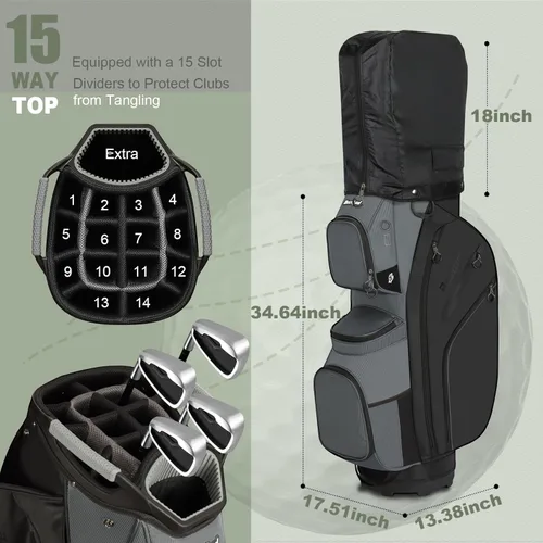 Miniatura 2 de Golf Cart Bag 15 Way Organizer Divider Top Golf Club Cart Bag for Men Women with Cooler, Handles and Rain Cover Negro & gris