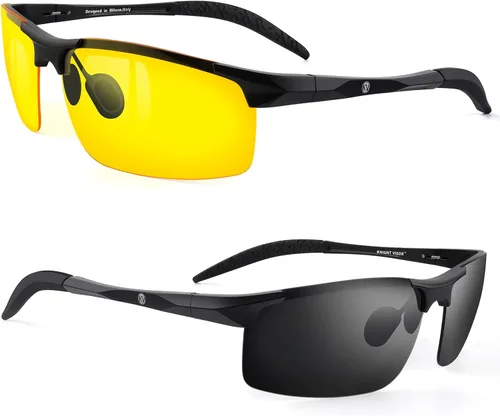 BLUPOND Juego de 2 lentes de conducción de día y noche HD - Gafas de sol polarizadas y gafas de visión nocturna amarillas con soporte para clip para