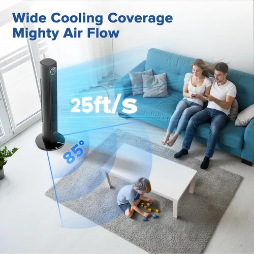 Miniatura 4 de Electactic Ventilador de torre para dormitorio, ventilador de pie de 25 pies/s, ventilador oscilante de 85° con control remoto, 3 velocidades, 4