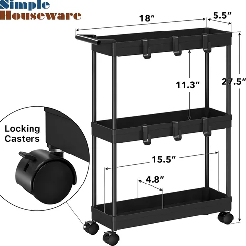 Miniatura 3 de Simple Houseware Carrito de almacenamiento delgado/estrecho de 3 niveles con asa, 5.5 pulgadas de ancho x 26.5 pulgadas de alto, organizador rodante