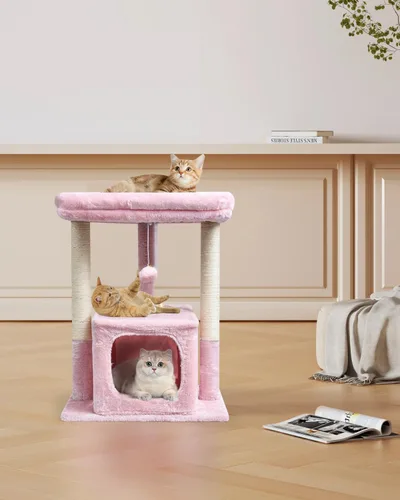 Miniatura 6 de SYANDLVY Árbol pequeño para gatos de interior para adultos grandes, torre de actividades de 27 pulgadas con postes rascadores, casa moderna con Rosa