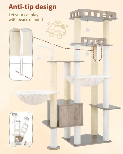 Miniatura 8 de Heybly Árbol para gatos, torre de madera de 70.5 pulgadas para gatos grandes de interior con estructura extra estable, muebles modernos para gatos