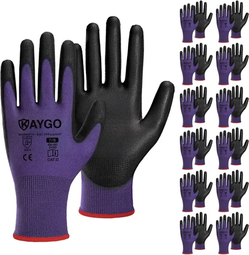 Miniatura 25 de KAYGO KG11PB - Guantes de seguridad con revestimiento delgado de poliuretano, tejido sin costuras, agarre suave en palma y dedos, para trabajo Verde
