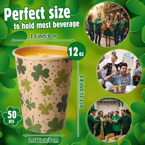 Miniatura 5 de Jingmore 50 tazas de café de papel kraft de trébol del día de San Patricio, 12 onzas, desechables de trébol verde irlandés, vasos desechables