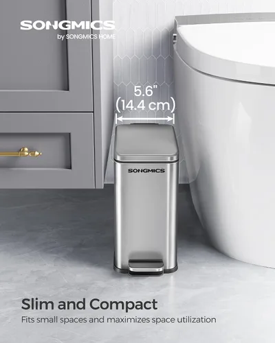 Miniatura 2 de SONGMICS Basurero de baño, 1.3 galones (5 L) bote de basura pequeño con tapa, delgado para espacios pequeños, cubo de basura de acero inoxidable