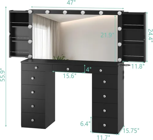Miniatura 7 de Likein Escritorio de tocador con espejo y luces, tocador negro con armario de almacenamiento de joyas, tocador de maquillaje para dormitorio con 11