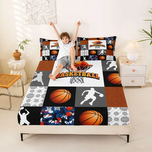 Miniatura 6 de Sábanas de baloncesto tamaño matrimonial con bolsillo profundo para niños, ropa de cama deportiva, juego de sábanas para atletas de baloncesto