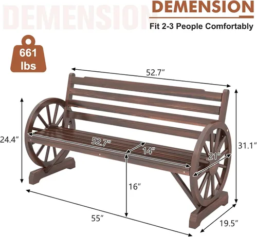 Miniatura 2 de KINTNESS Banco de ruedas de madera rústico para exteriores, muebles de patio para 3 personas con respaldo para patio trasero