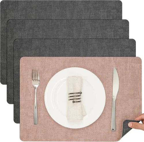 Miniatura 17 de Myir JUN Juego de 6 manteles individuales de doble cara, de piel sintética, para interiores, para mesa de comedor, exteriores, cuadrados, Negro