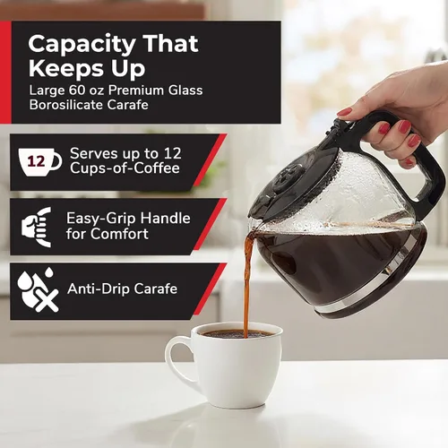 Miniatura 4 de Mueller - Cafetera de goteo de 12 tazas, jarra de borosilicato, apagado automático, filtro reutilizable, antigoteo, función de mantener el calor