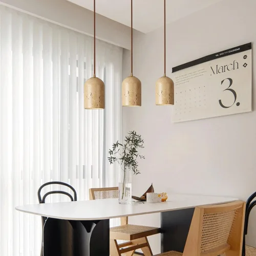 Miniatura 4 de Mini lámpara de isla de cocina, lámpara colgante de techo de cúpula de madera japonesa Wabi-Sabi con pantalla de travertino amarillo, lámpara