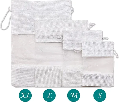 Miniatura 5 de Paquete de 48 bolsas de regalo pequeñas de lino, arpillera y organza con cordones (3.5 x 5.5 pulgadas, blanco) - Recuerdos de fiesta, regalos