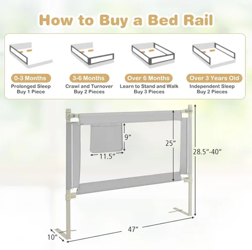 Miniatura 8 de HONEY JOY Riel de cama para niños pequeños, 47 pulgadas extra larga, barandilla de seguridad portátil con bolsillo lateral, rieles de cama