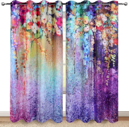 Cortinas opacas florales de flores moradas, flores coloridas, decoración de primavera y verano para mujeres, niños, niñas, dormitorio, sala de