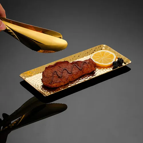 Miniatura 5 de Bandeja decorativa de metal dorado de 9.8 x 4.3 pulgadas, bandejas reutilizables de acero inoxidable, bandejas rectangulares para exhibición