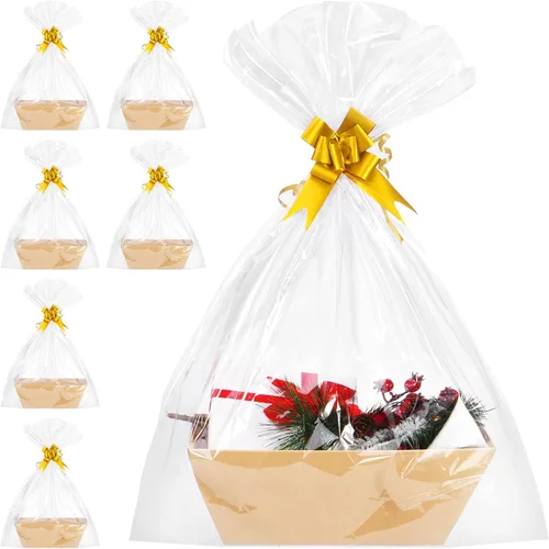 Miniatura 20 de AFOROEOA Paquete de 10 cestas vacías para regalos, cesta de regalo de papel kraft de 10 x 12 pulgadas de grosor con 10 lazos, 10 bolsas vacías