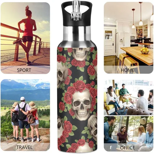 Miniatura 5 de Skulls Vibrant Red Roses Stainless Steel Vacuum Insulated Water Bottle 20 Oz Leakproof Water Bottles, BPA-Free Sport Water Bottle Insulated