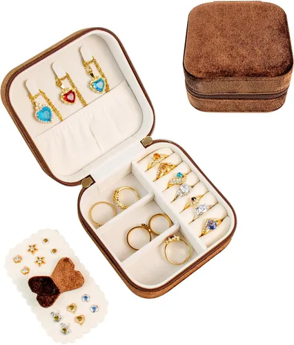 SANQIANWAN Joyero de viaje de terciopelo de lujo para mujer, mini organizador de joyería pequeña, estuche de viaje portátil para anillos, aretes,