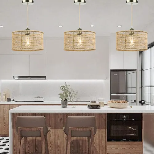 Miniatura 2 de HOONEX Candelabro de ratán, lámparas de techo de ratán, lámpara colgante de mimbre de 12.4 pulgadas para comedor, dormitorio, isla de cocina, natural