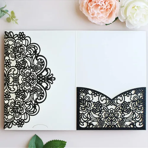 Miniatura 12 de Hosmsua 50 bolsillos de invitación de boda con purpurina morada, 5.12 x 7.2 pulgadas, corte láser, bolsillos de invitación de quinceañera de encaje