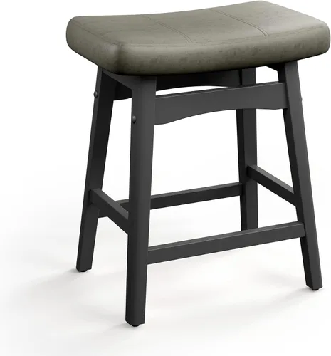 Miniatura 25 de MAISON ARTS Juego de 4 taburetes de bar grises para encimera de cocina, patas de madera maciza con asiento de silla de montar de piel sintética