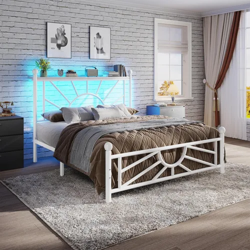 Miniatura 20 de Homkdom Marco de cama de plataforma de metal tamaño Queen de 14 pulgadas con cabecero, marco de cama victoriano Queen con almacenamiento debajo