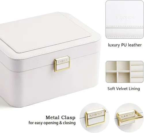 Miniatura 2 de KAMIER Joyero organizador para mujer, 2 capas de joyería para aretes, pulseras, anillos, collares, cuero de lujo y forro de terciopelo suave, caja