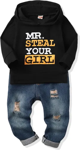 NZRVAWS Ropa para bebé niño de 6, 12, 18, 24 meses, 2, 3, 4T, traje de niño pequeño, sudadera con capucha impresa con letras, pantalones de mezclilla