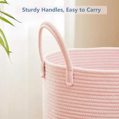 Miniatura 5 de 15Dx20H pulgadas Cesta de lavandería grande rosa para niños, cesta de lavandería de cuerda tejida para guardería, para habitación de niñas, Rosa1