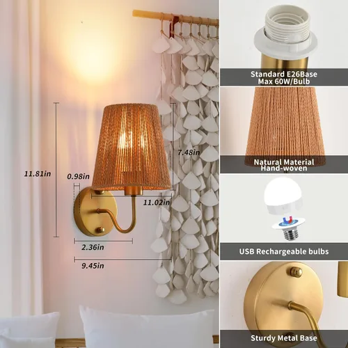 Miniatura 4 de Juego de 2 apliques de pared bohemios que funcionan con pilas, con pantalla de ratán dorado, luces de pared inalámbricas con bombillas recargables