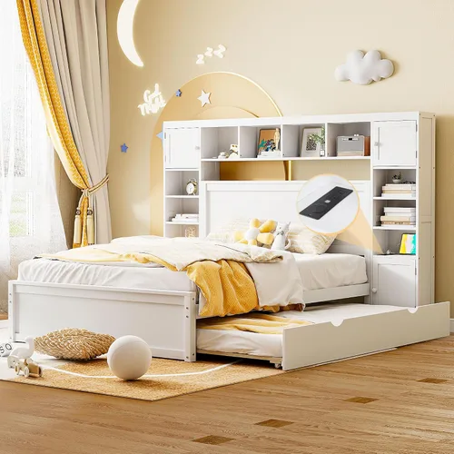Miniatura 11 de Cama de plataforma tapizada de tamaño matrimonial con nido, cama con plataforma tapizada de vellón de peluche con soporte de listones de madera