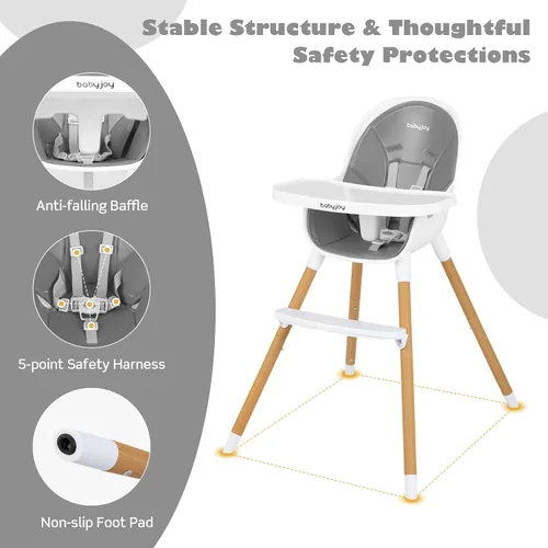 Miniatura 3 de BABY JOY Silla alta convertible para bebé, trona 3 en 1 con patas ajustables, bandeja apta para lavavajillas, cojín de poliuretano desmontable, Gris