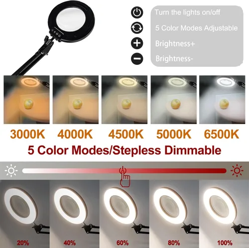 Miniatura 4 de 12 lupas con luz y soporte, lupa con luz manos libres, 2 en 1 y 5 modos de color con luz LED, lámpara de lectura de aumento para manualidades