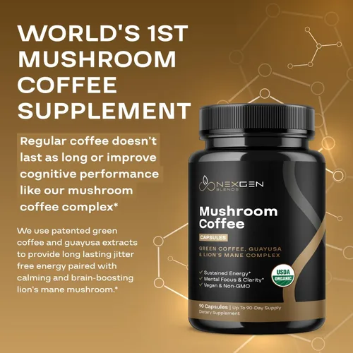 Miniatura 3 de Cápsulas de café de hongos 100% orgánicos, suplemento energético natural con 130 mg de cafeína de extracto de café verde y guayusa patentados