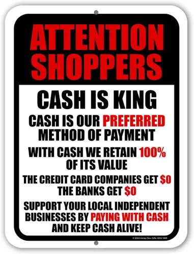 Attention Shoppers Cash is King, letrero de negocios, letrero de tienda minorista, letrero de solo efectivo, sin tarjeta de crédito, decoración de