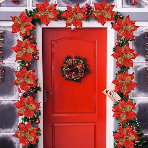 Miniatura 9 de Juego de 20 flores de pascua de 8.7 pulgadas de ancho, 3 capas de flores de Pascua rojas con purpurina, adornos para árbol de Navidad rojo, coronas